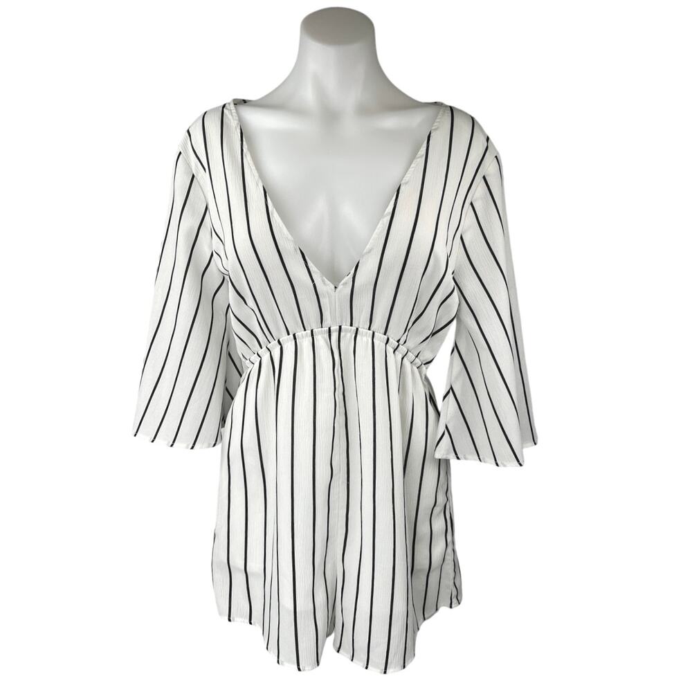 FAVLUX White Black Striped Half Bell Sleeve Deep V Neck Romper Shorts Size M